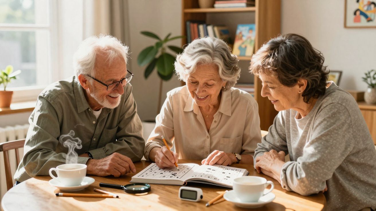 Três idosos sentados à mesa a resolver um passatempo enquanto tomam chá numa sala iluminada.