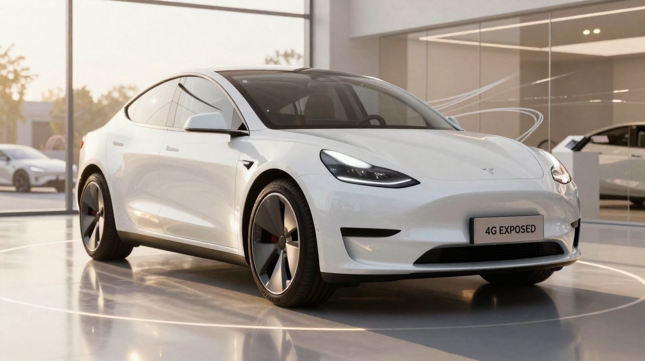 Carro elétrico branco Tesla Model 3 exposto numa sala de venda moderna com luz natural.