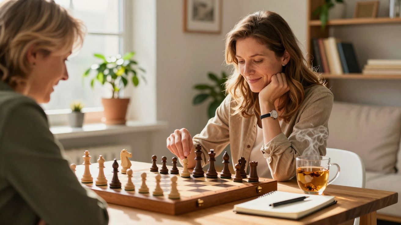 Duas mulheres jogam xadrez numa sala iluminada, com chá e caderno na mesa.