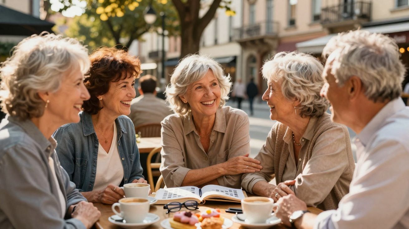 Grupo de séniores a conversar e sorrir num café ao ar livre numa tarde ensolarada.