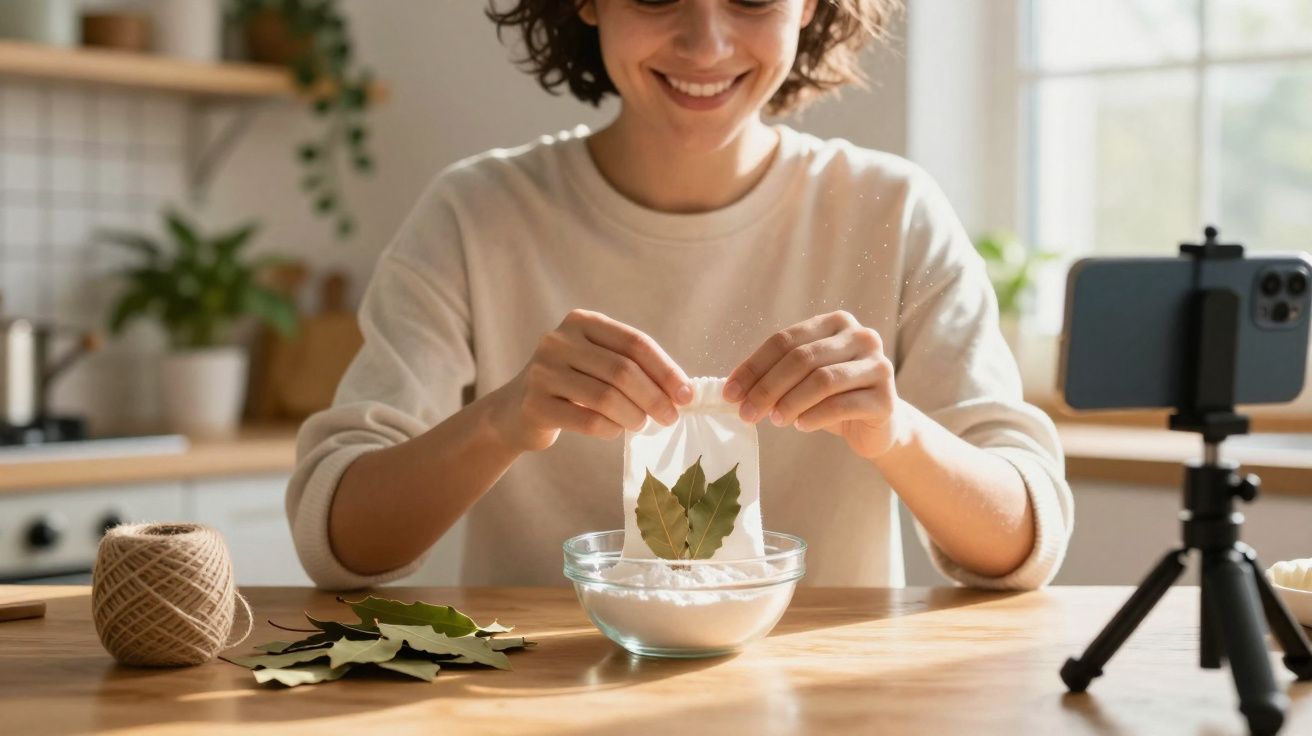 Mulher sorridente prepara mistura com folhas de louro e farinha, gravando vídeo com smartphone na cozinha.