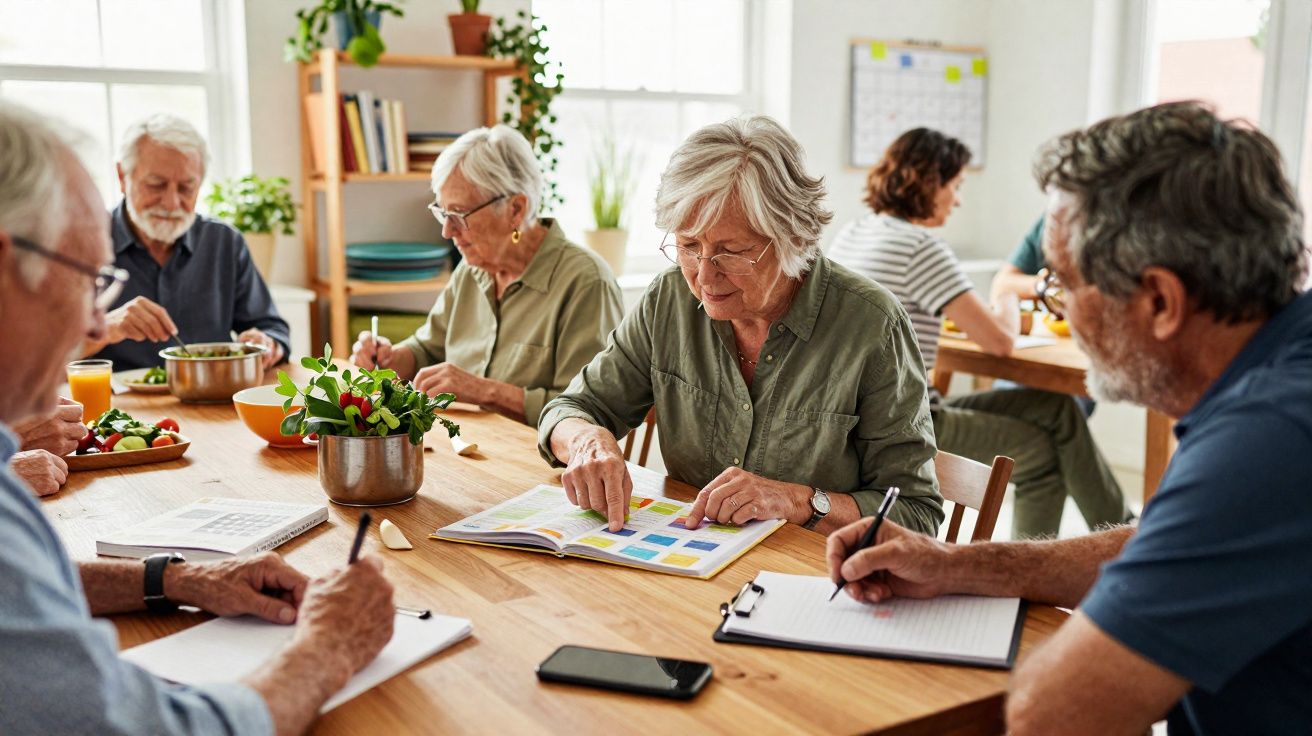 Grupo de seniores reunidos à mesa, a escrever e a ler em ambiente luminoso e descontraído.