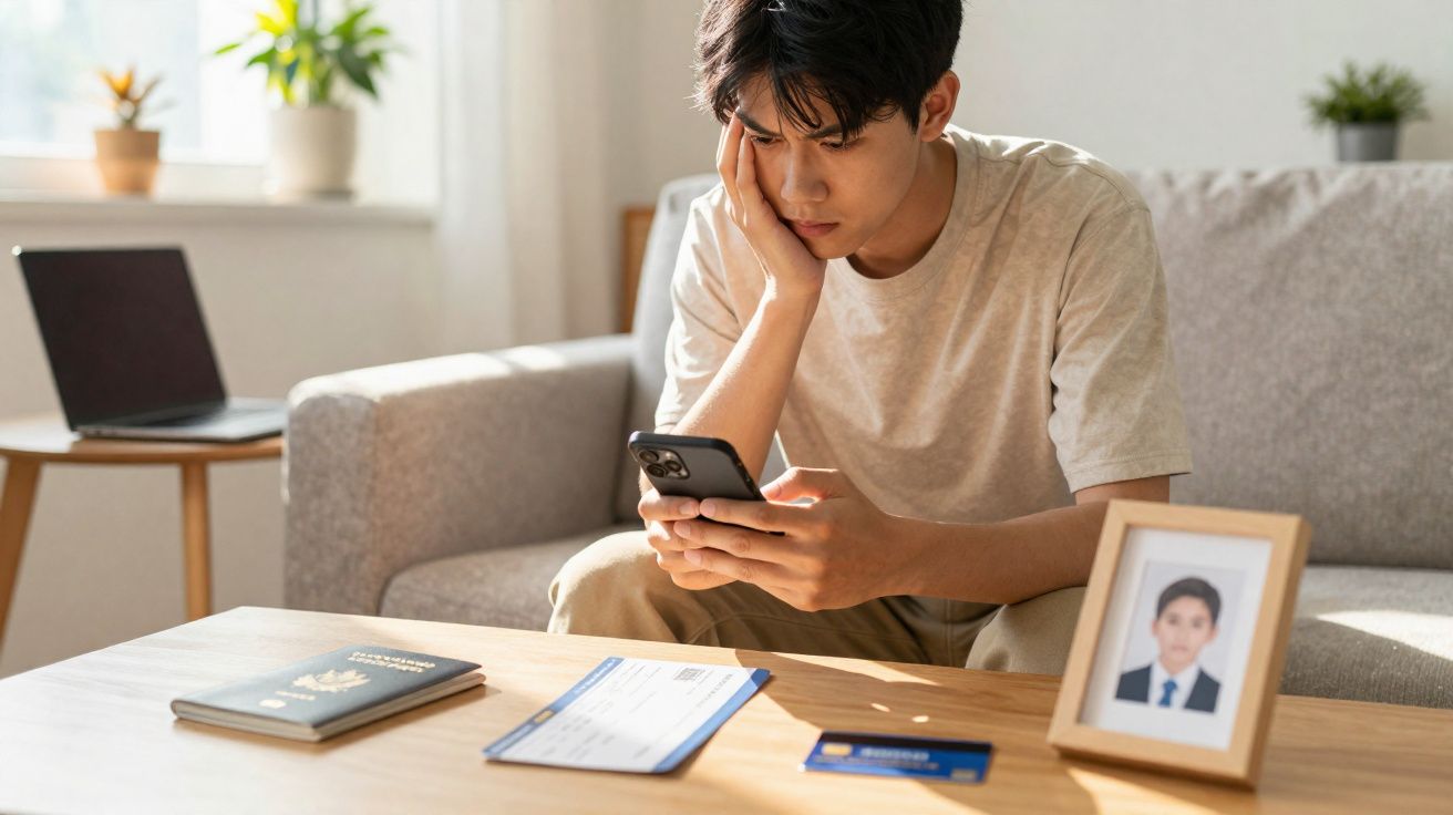 Homem sentado no sofá preocupado olhando para o telemóvel com documentos numa mesa à frente.