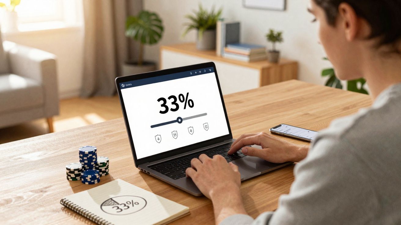 Pessoa a usar portátil com gráfico de 33% no ecrã, ao lado de blocos de notas e fichas de poker numa mesa.