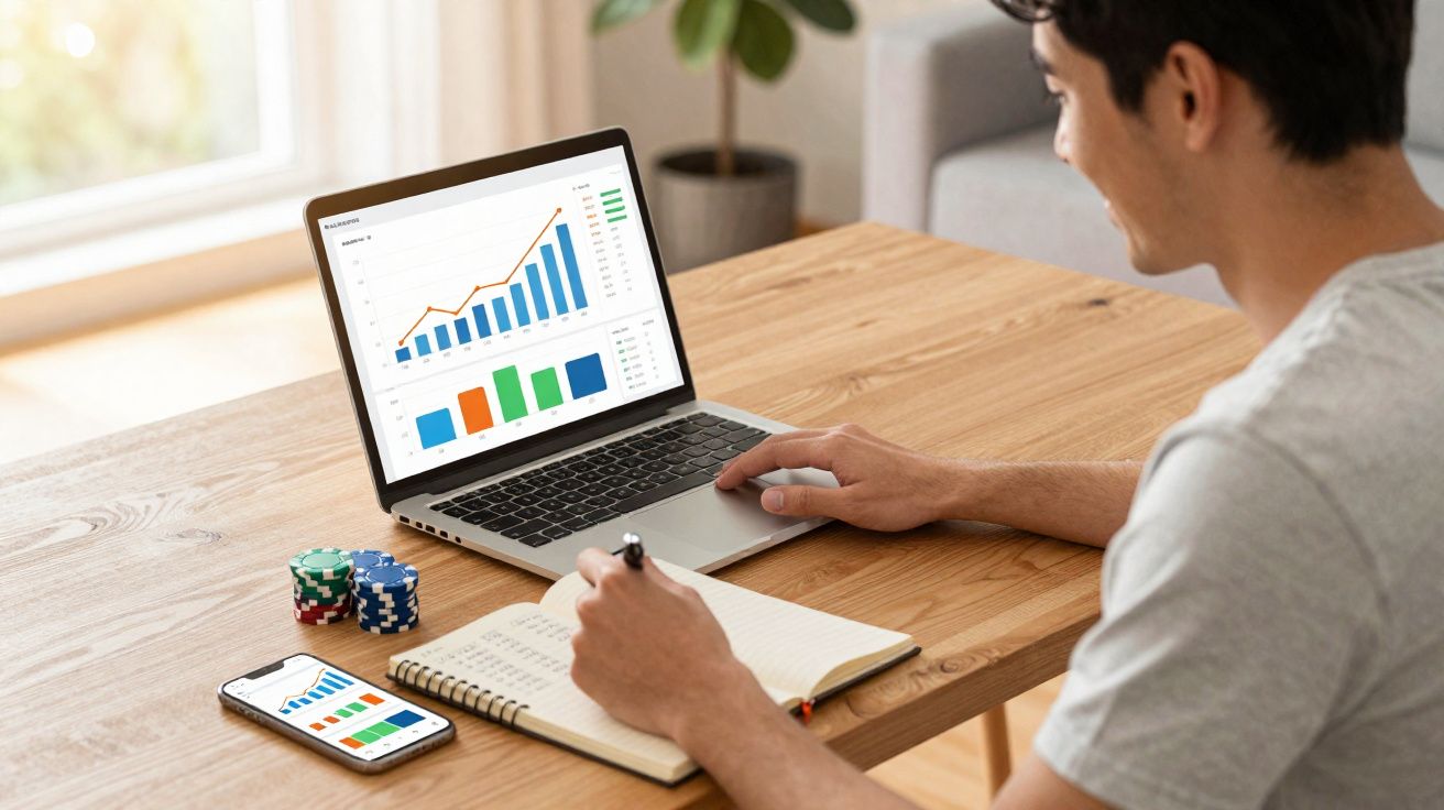 Pessoa a analisar gráficos financeiros num computador portátil enquanto escreve num caderno, com telemóvel e fichas de poker 