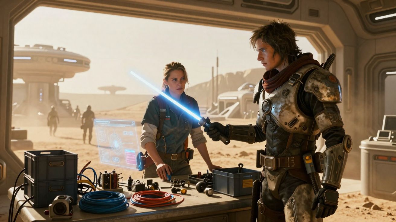 Dois personagens em roupa futurista num laboratório de base espacial com deserto ao fundo, um segura sabre de luz azul.