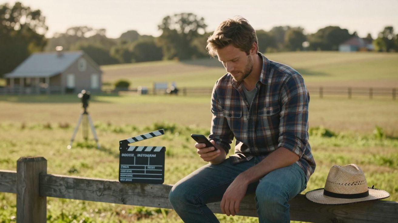 Homem sentado numa cerca rústica num campo, a olhar para o telemóvel, com um chapéu de palha ao lado.
