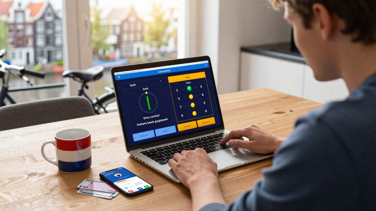 Pessoa a usar computador portátil com aplicação aberta, numa mesa com caneca, smartphone e cartões.