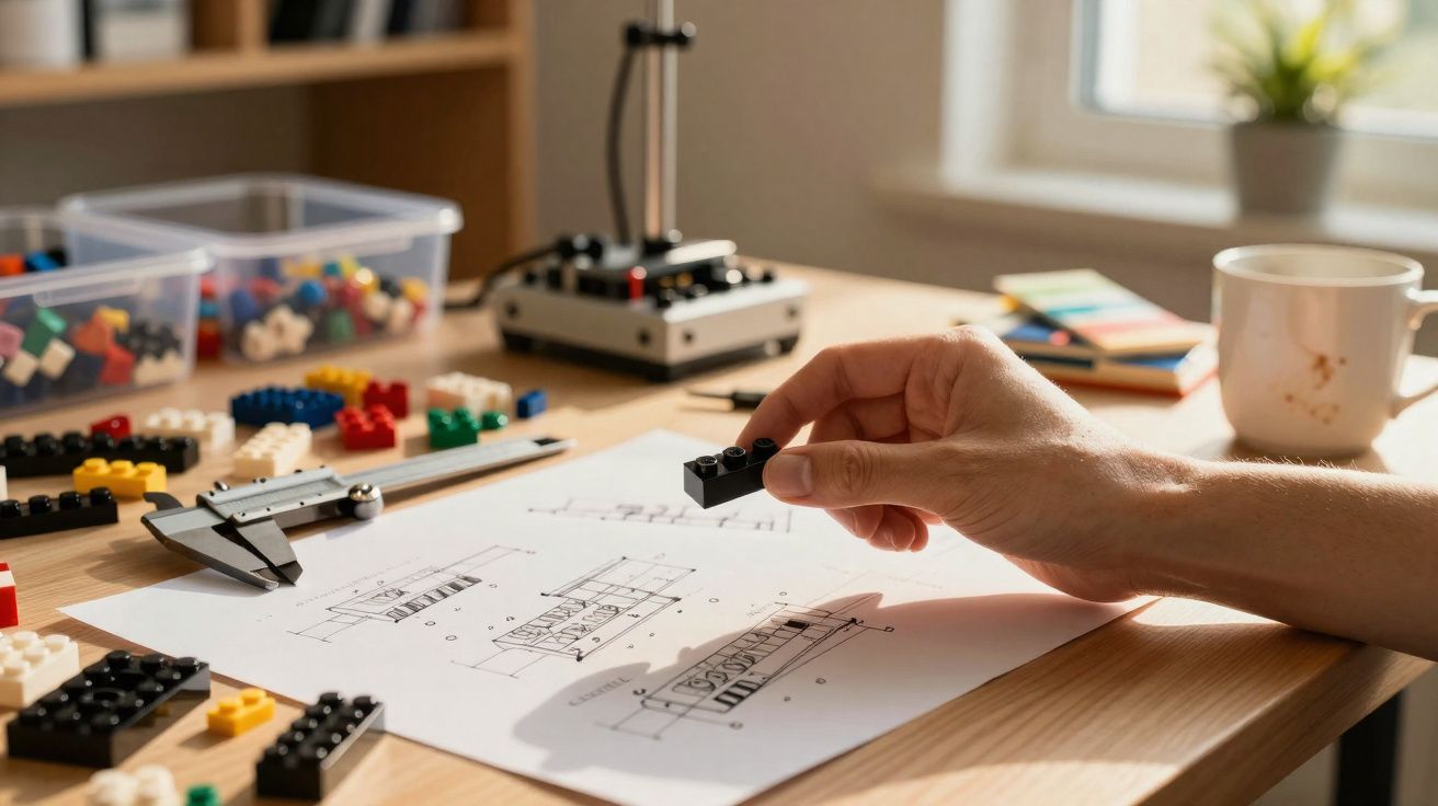 Mão segura peça de LEGO sobre mesa com plantas, esquadro, plantas, e desenhos técnicos.