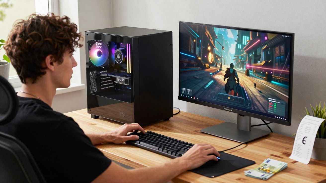 Homem a jogar videojogo num computador de secretária com teclado e rato num ambiente iluminado e moderno.