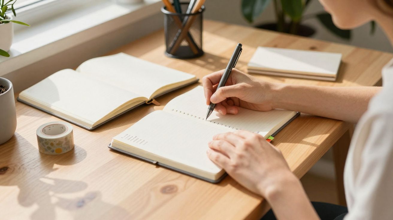 Pessoa a escrever numa agenda aberta sobre uma mesa de madeira com livros, fita adesiva e caneta.