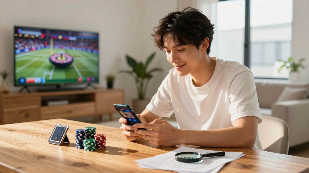 Jovem sentado à mesa, a jogar num smartphone, com fichas de poker e jogo de futebol na televisão atrás.