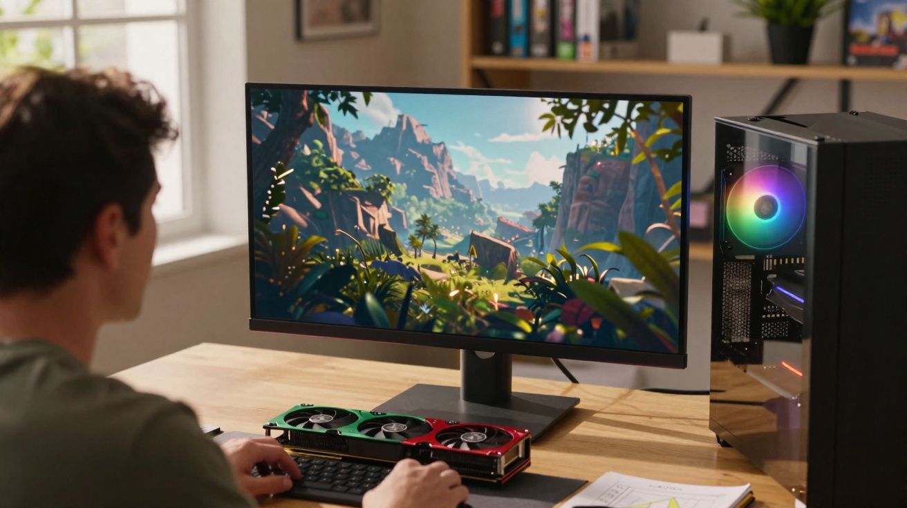 Homem a jogar videojogos num computador desktop com ecrã panorâmico e gráficos vibrantes de uma floresta.