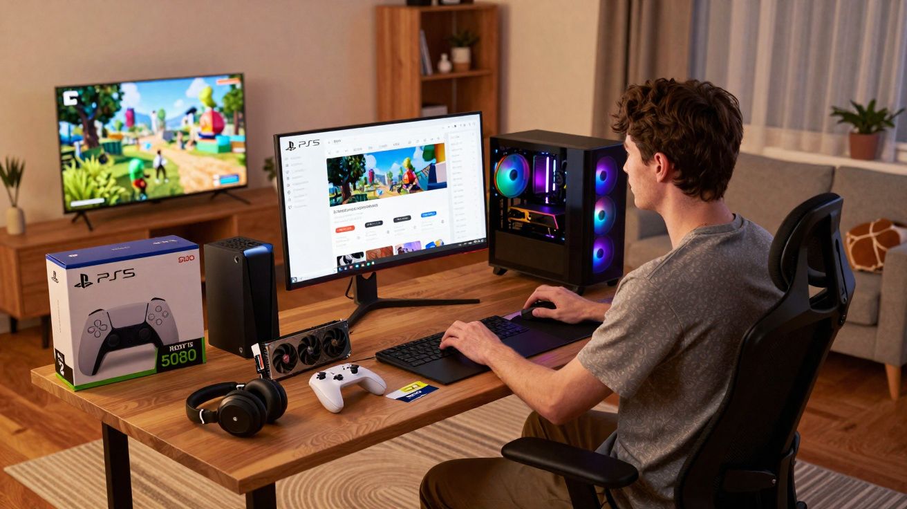 Jovem sentado a usar computador gaming, com consola PS5, comandos e auscultadores numa mesa em sala de estar.