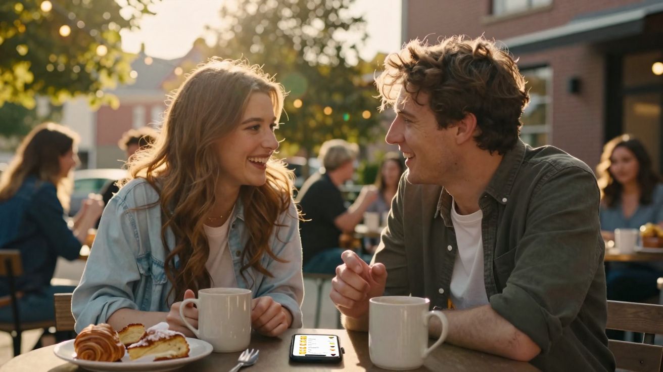Jovem casal a conversar e sorrir num café ao ar livre com bebidas e pastelaria na mesa.