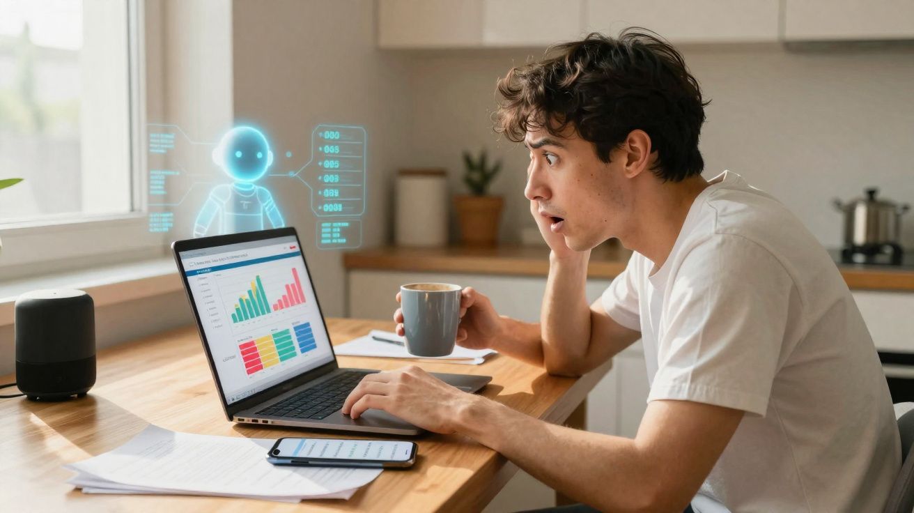 Homem surpreendido a usar computador portátil com gráficos e assistente virtual holográfico numa cozinha moderna.
