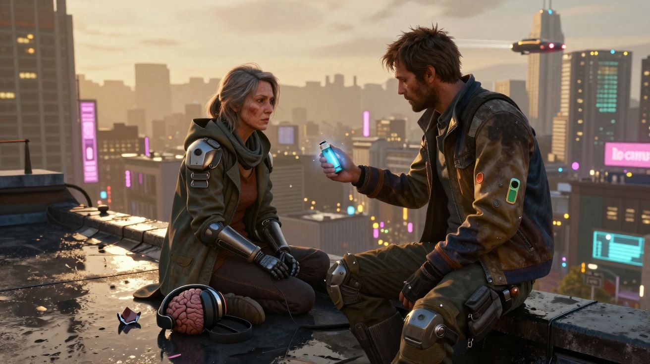 Dois personagens sentados no topo de um edifício, com um cenário urbano futurista ao entardecer.