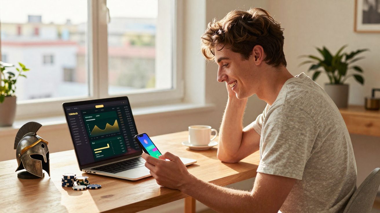 Jovem sorridente sentado a uma mesa com portátil a mostrar gráficos e a usar telemóvel, rodeado de objetos pessoais.