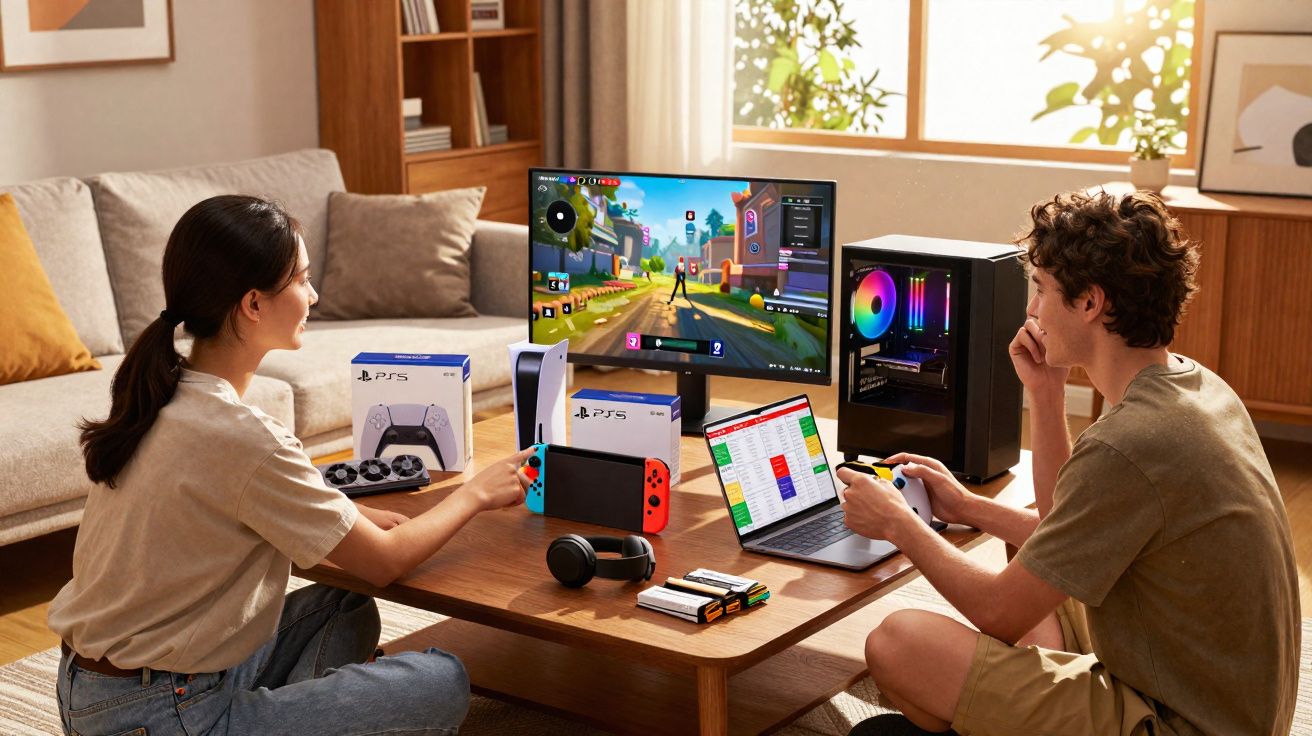 Duas pessoas sentadas ao chão a jogar videojogos numa sala iluminada com vários dispositivos de gaming e eletrónicos numa mes