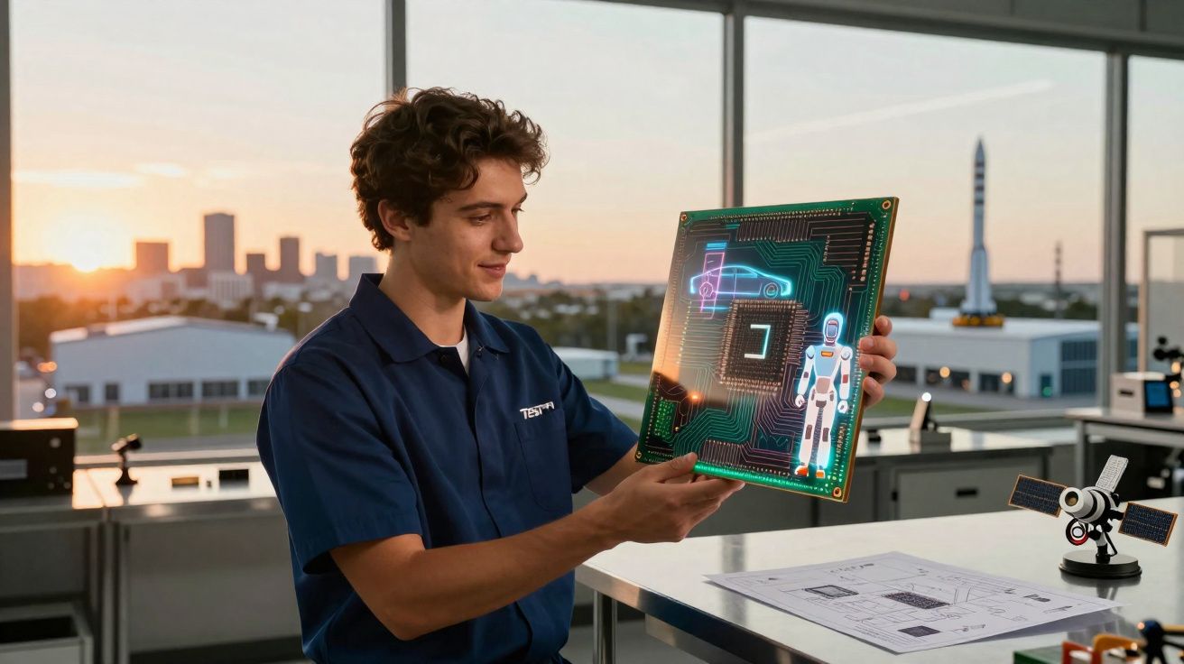 Homem com fato azul segura uma placa eletrónica com imagens de carro e robô num laboratório moderno.