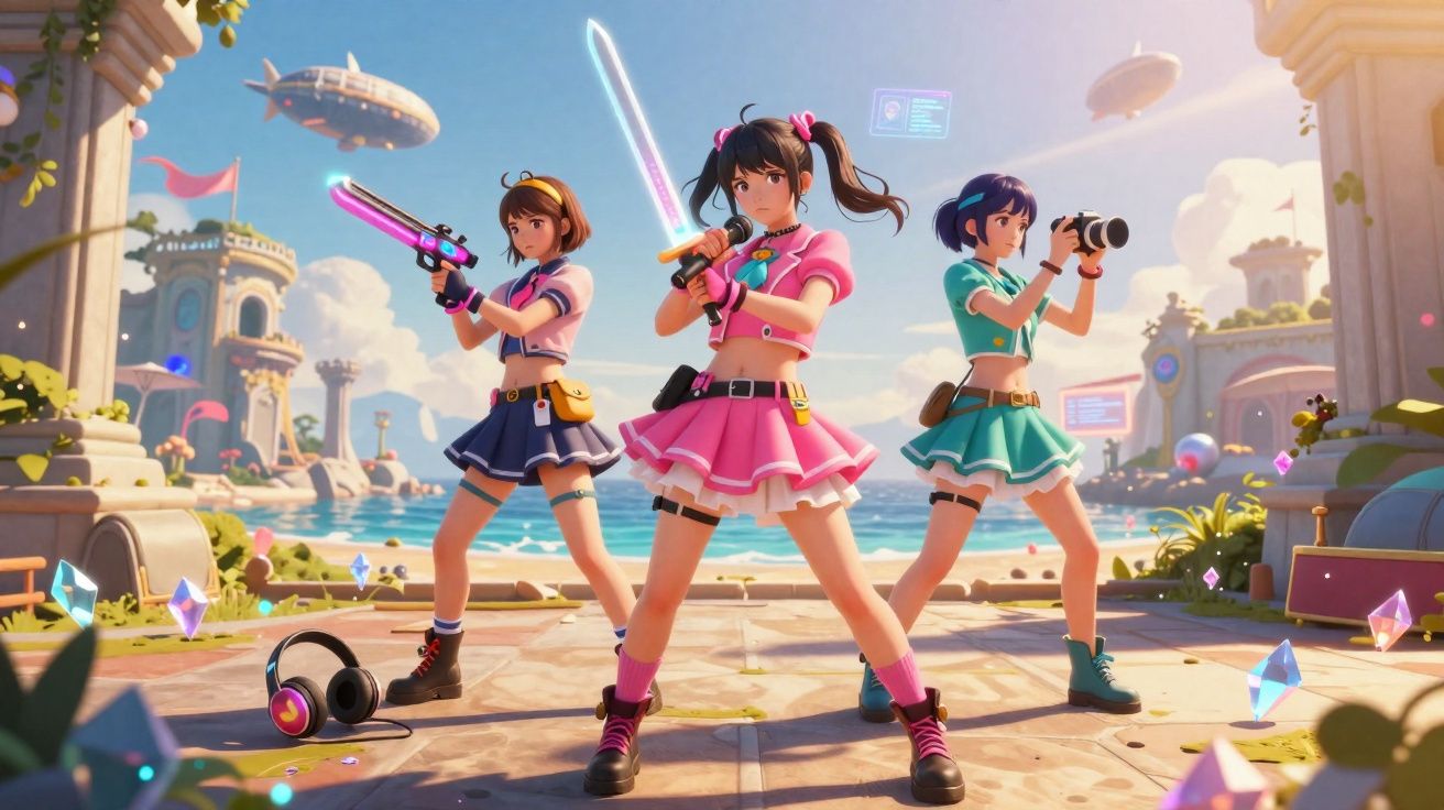 Três personagens femininas em traje colorido, uma com espada de luz, outra com arma futurista e outra com câmera.