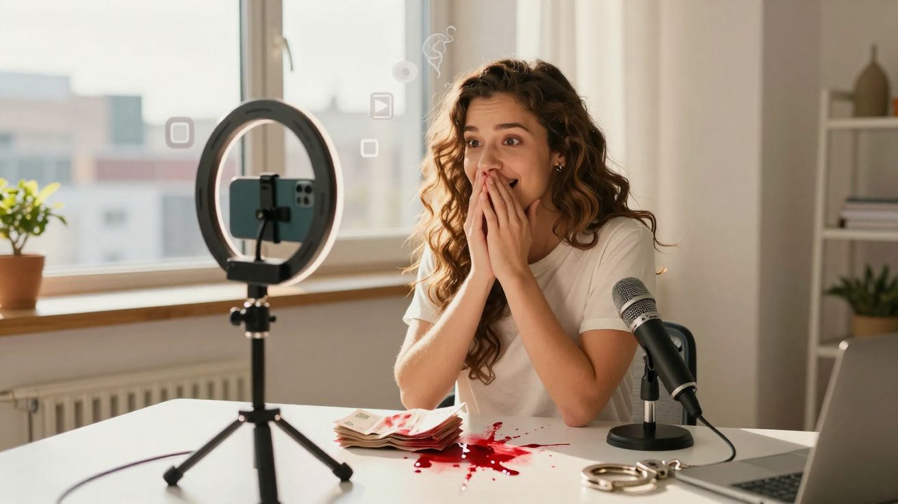 Jovem mulher surpreendida durante gravação com mancha vermelha, microfone e algemas numa mesa.