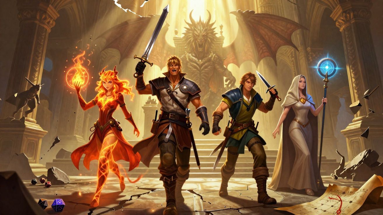 Quatro aventureiros em cenário fantástico, com armaduras, magia de fogo e cajado luminoso, em catedral antiga.