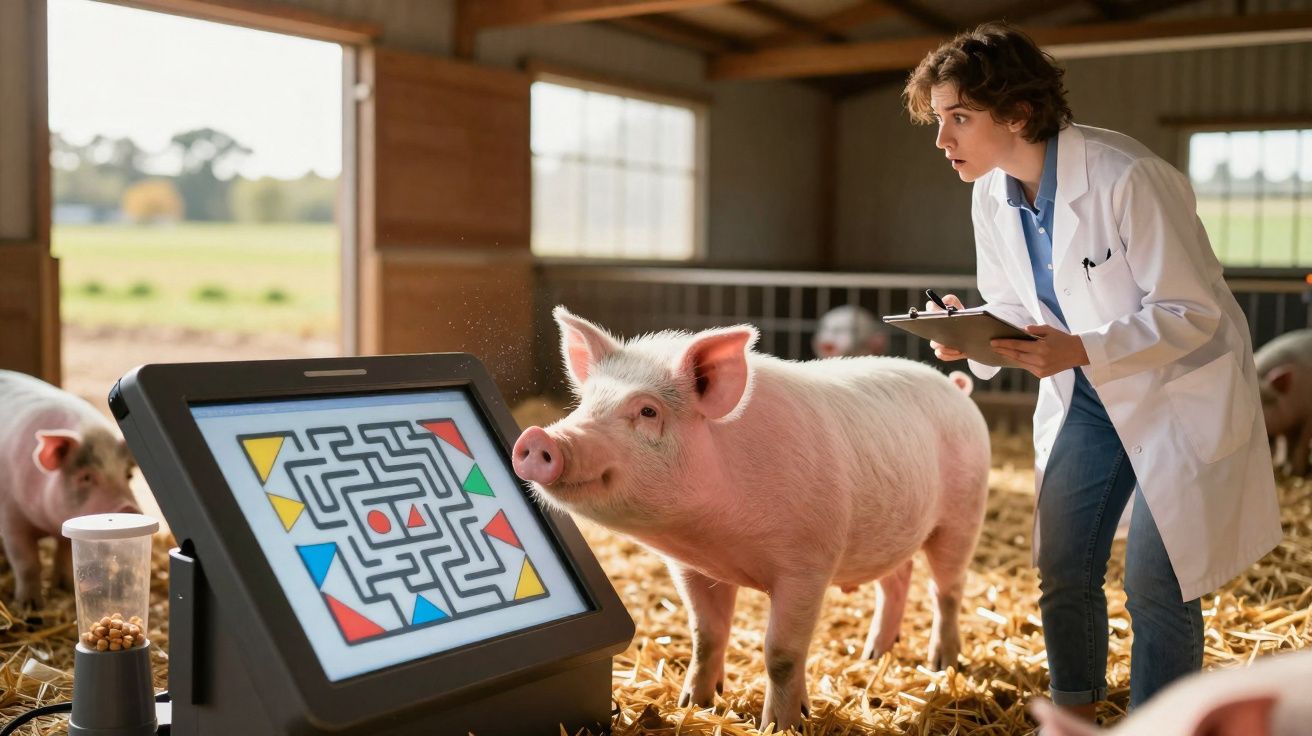 Cientista observa porco interagir com ecrã tátil numa quinta, avaliando comportamento animal.