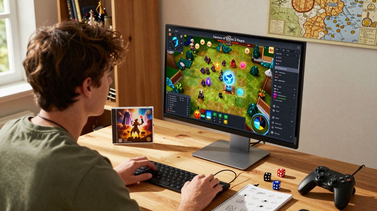 Pessoa a jogar videojogo de fantasia num computador com comandos e dados sobre a secretária de madeira.