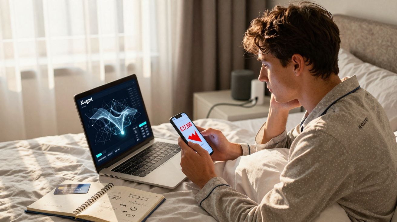 Jovem em pijama sentado na cama a olhar preocupado para telemóvel com gráfico vermelho e computador ao lado.