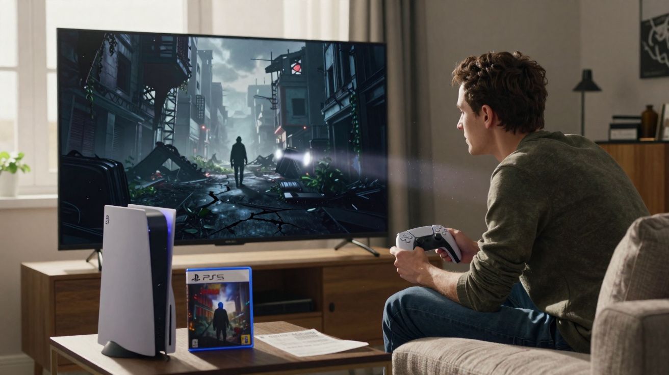 Jovem sentado no sofá a jogar videojogo de sobrevivência numa televisão com consola PS5 na sala.