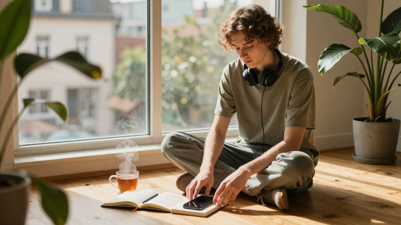 Jovem sentado no chão junto à janela, com auscultadores, livro aberto, chá e telemóvel.