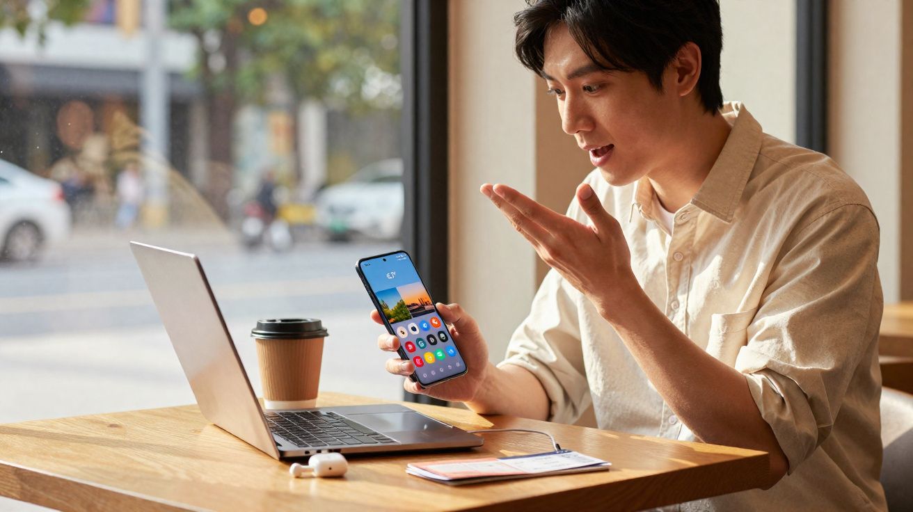Homem sentado numa mesa de café, falando ao telemóvel com portátil aberto à frente e copo de café.