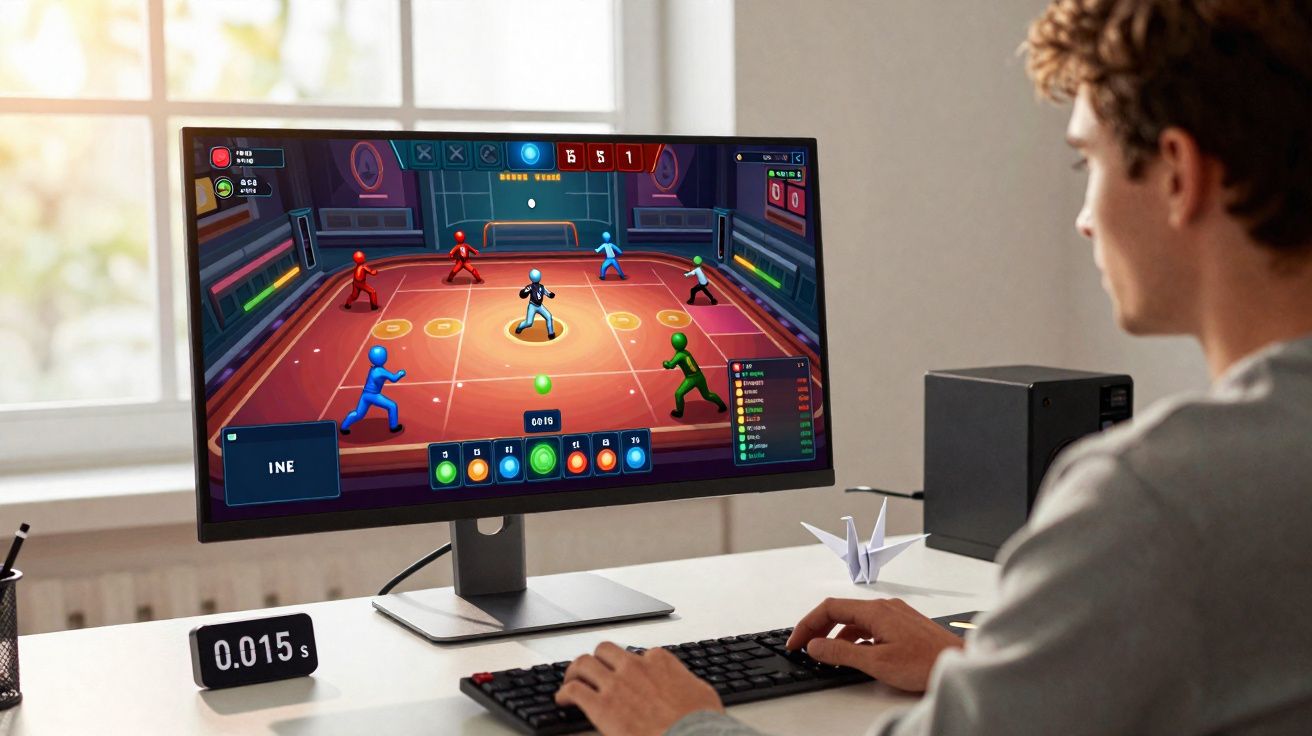 Pessoa a jogar videojogo de desporto futurista num computador numa secretária iluminada por luz natural.