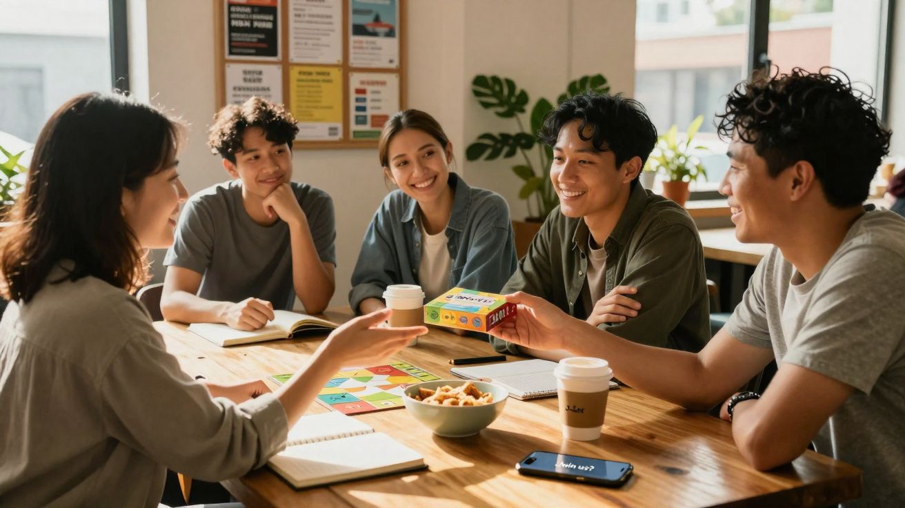 Grupo de jovens a jogar um jogo de tabuleiro e a conversar à volta de uma mesa com café e snacks.