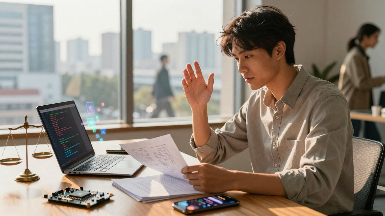 Jovem a trabalhar com laptop, documentos e componentes eletrónicos numa mesa luminosa junto à janela.