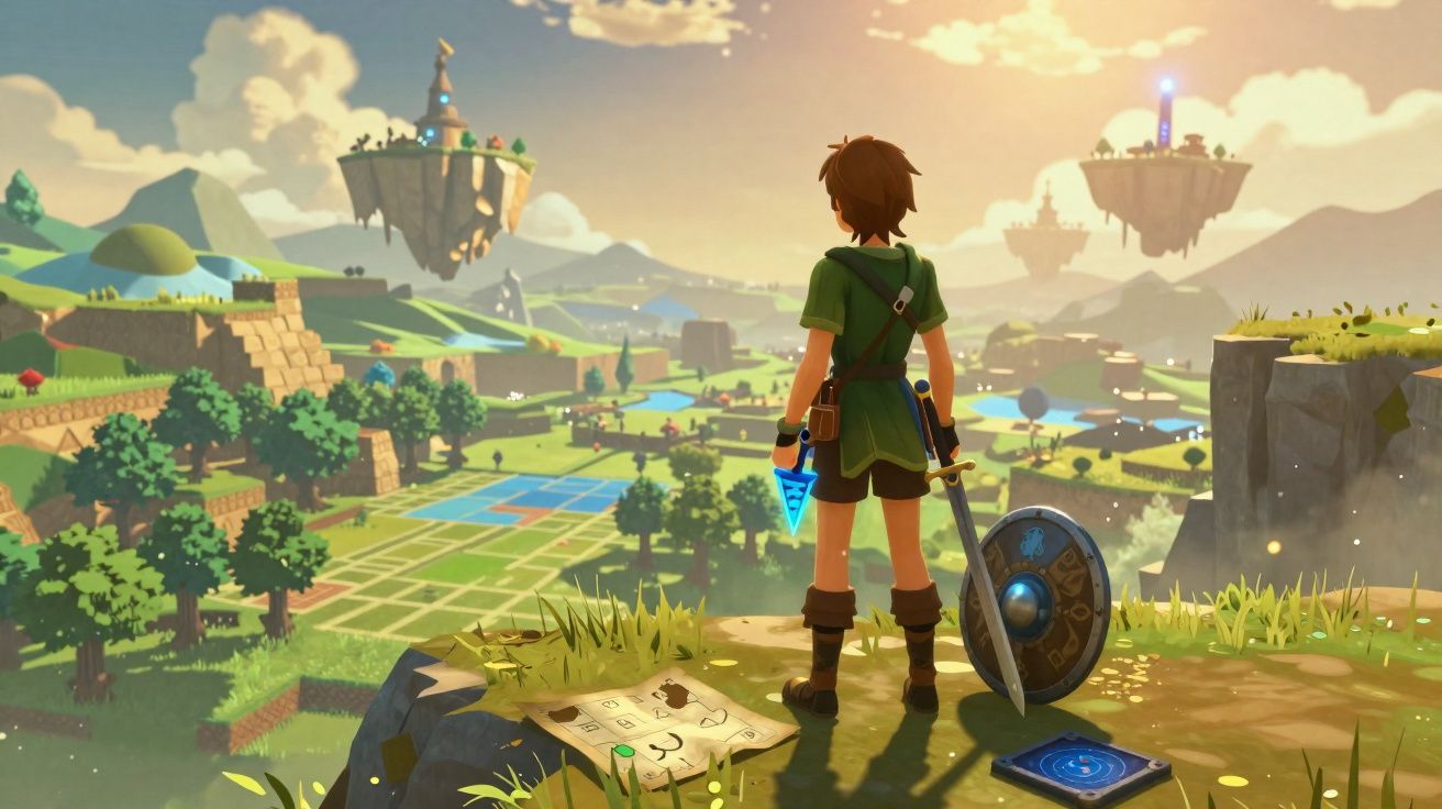 Personagem de videojogo a olhar para um mundo aberto com ilhas flutuantes e paisagens verdejantes ao pôr do sol.