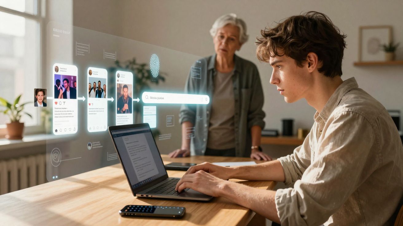 Jovem a usar laptop com hologramas digitais enquanto pessoa mais velha observa numa sala iluminada.