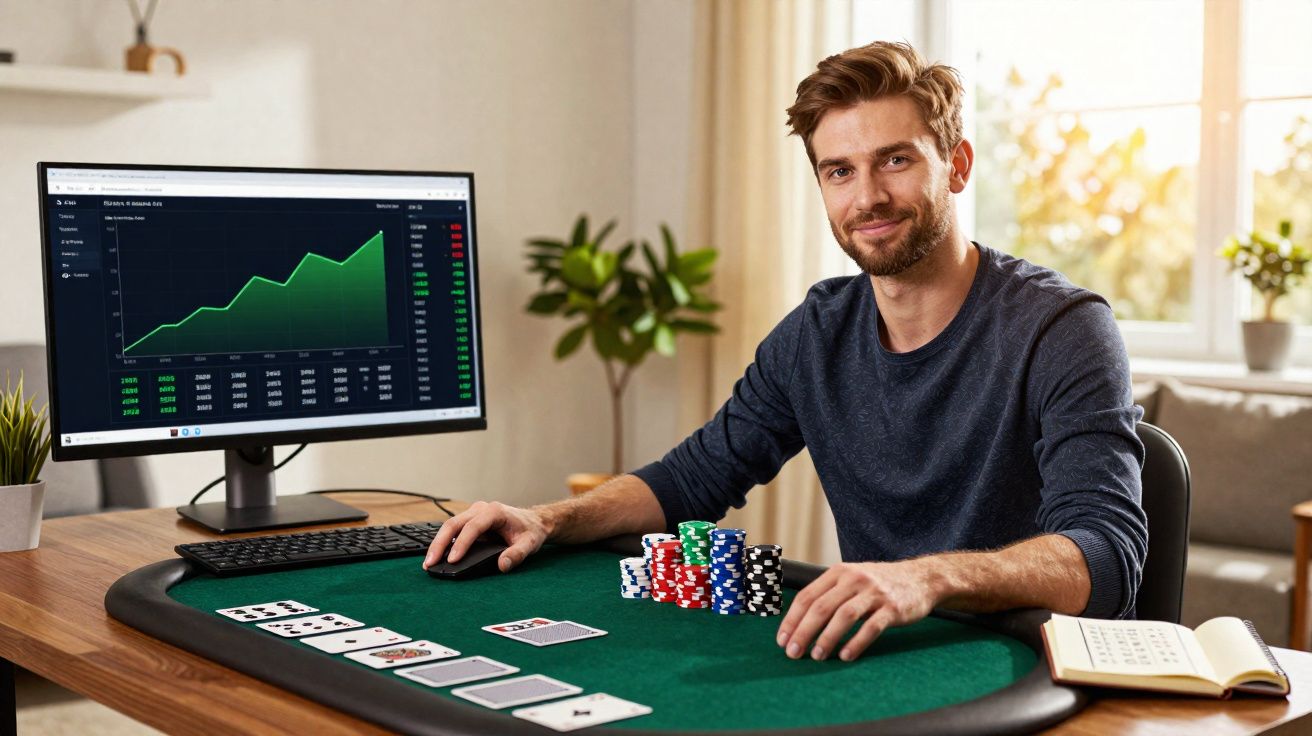 Homem sentado em frente a mesa de poker com fichas e cartas, computador mostra gráfico financeiro.