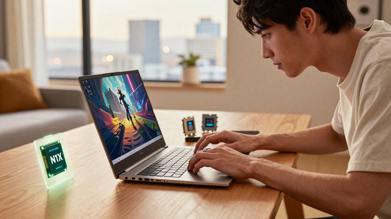 Homem a utilizar um portátil com videojogo numa mesa de madeira num ambiente doméstico iluminado.