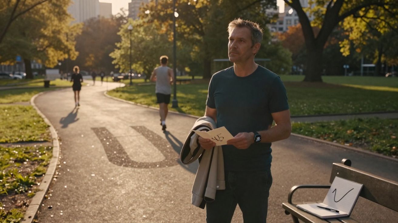 Homem de idade média em parque urbano com roupa desportiva, segurando um papel e um casaco, ao entardecer.