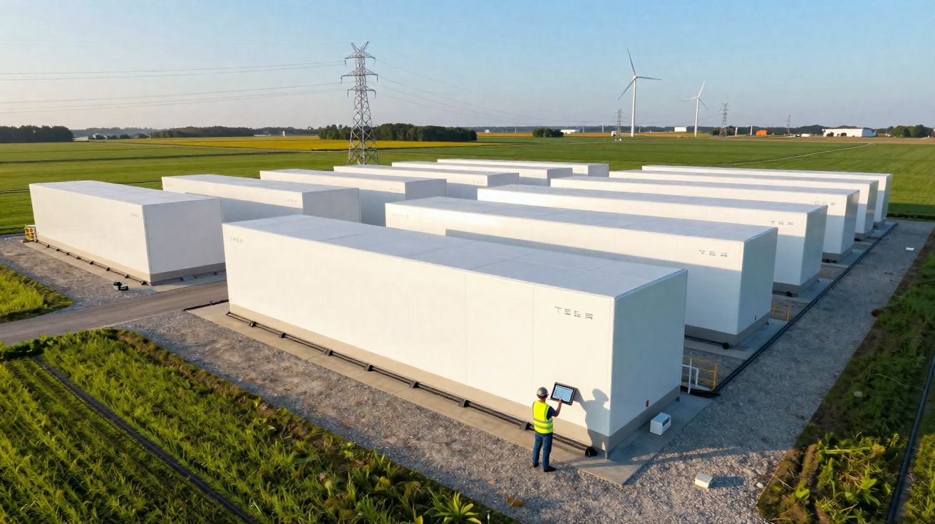 Área industrial com grandes baterias Tesla e um trabalhador a verificar equipamento num campo verde.