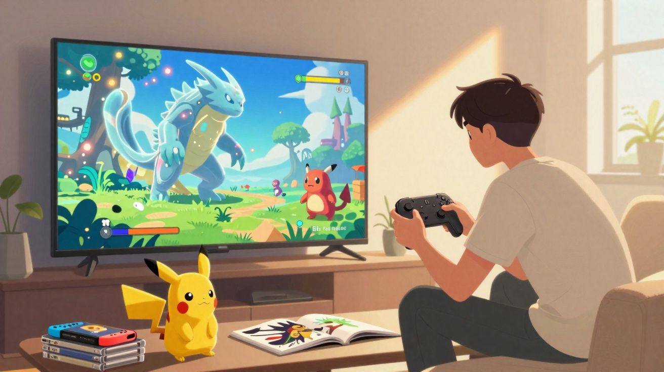 Jovem sentado a jogar videojogo de monstros numa televisão, com comandos e boneco Pikachu à frente.