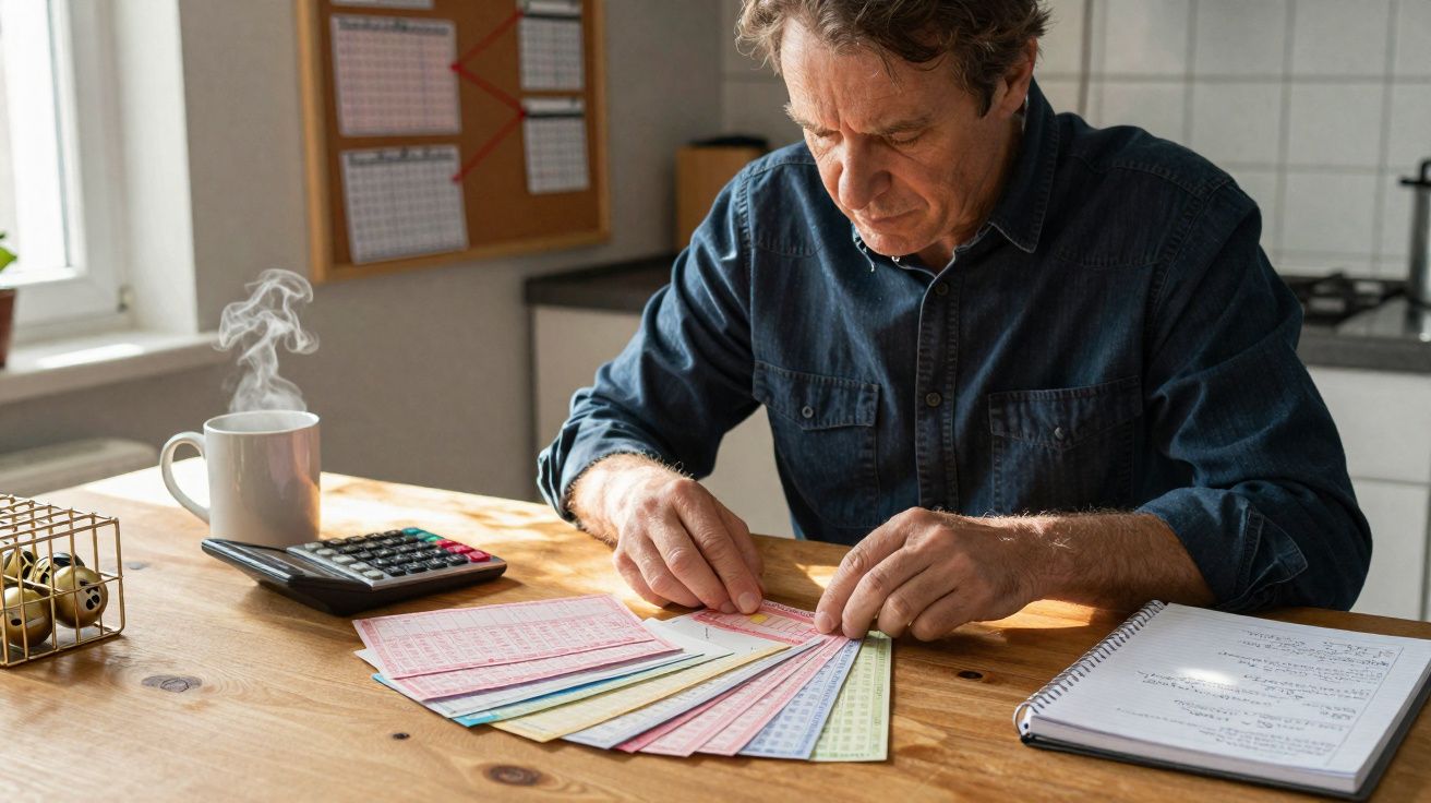 Homem a analisar documentos coloridos numa mesa com calculadora e chá quente ao lado.