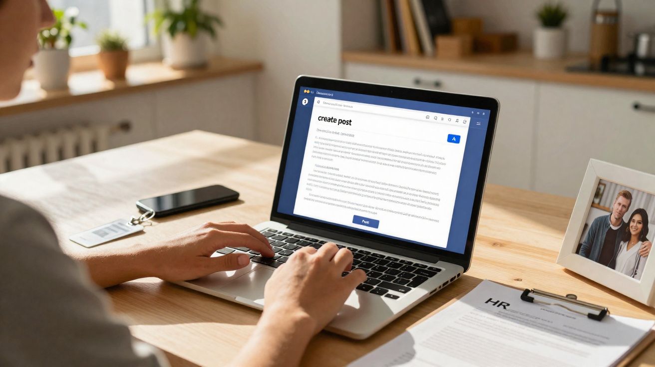 Pessoa a escrever um post num computador portátil numa mesa com telemóvel, documentos e fotografia em moldura.