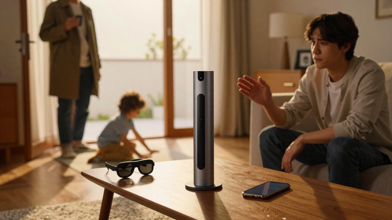 Homem sentado no sofá com mão estendida em sala, mesa com óculos, smartphone e aparelho tecnológico ao centro.