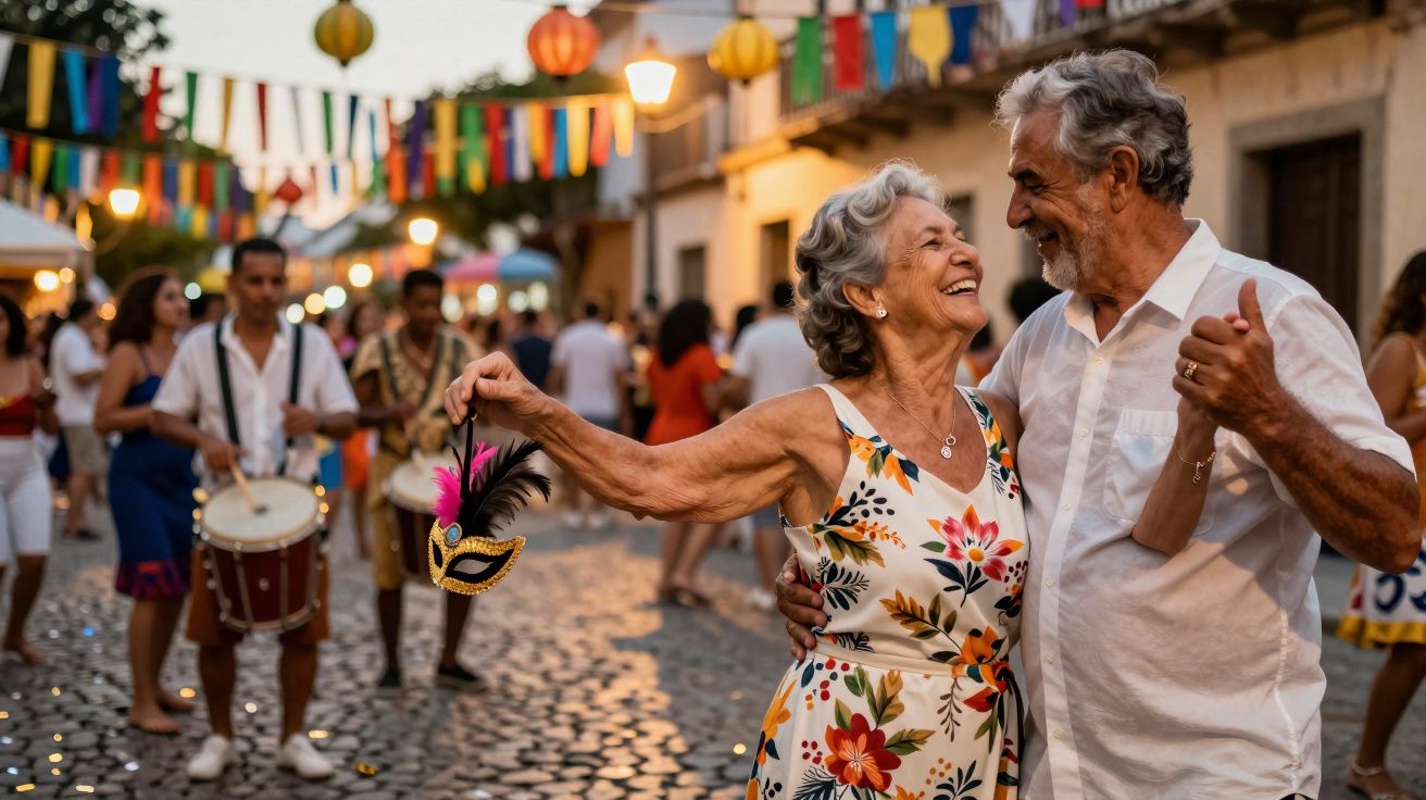 Casal sénior dança alegremente numa rua decorada durante festa popular ao entardecer.