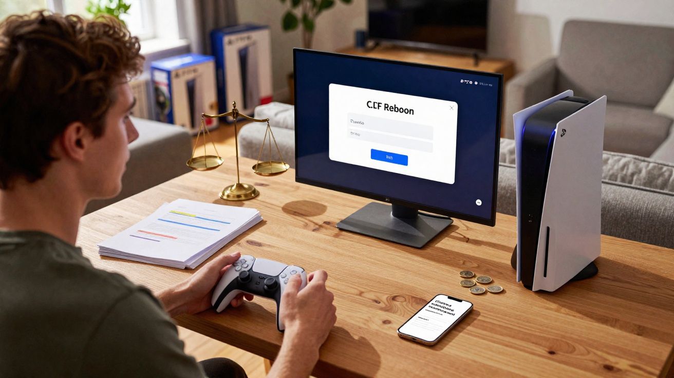 Homem segura comando de consola enquanto vê ecrã de computador com login de site, numa secretária com PlayStation 5.