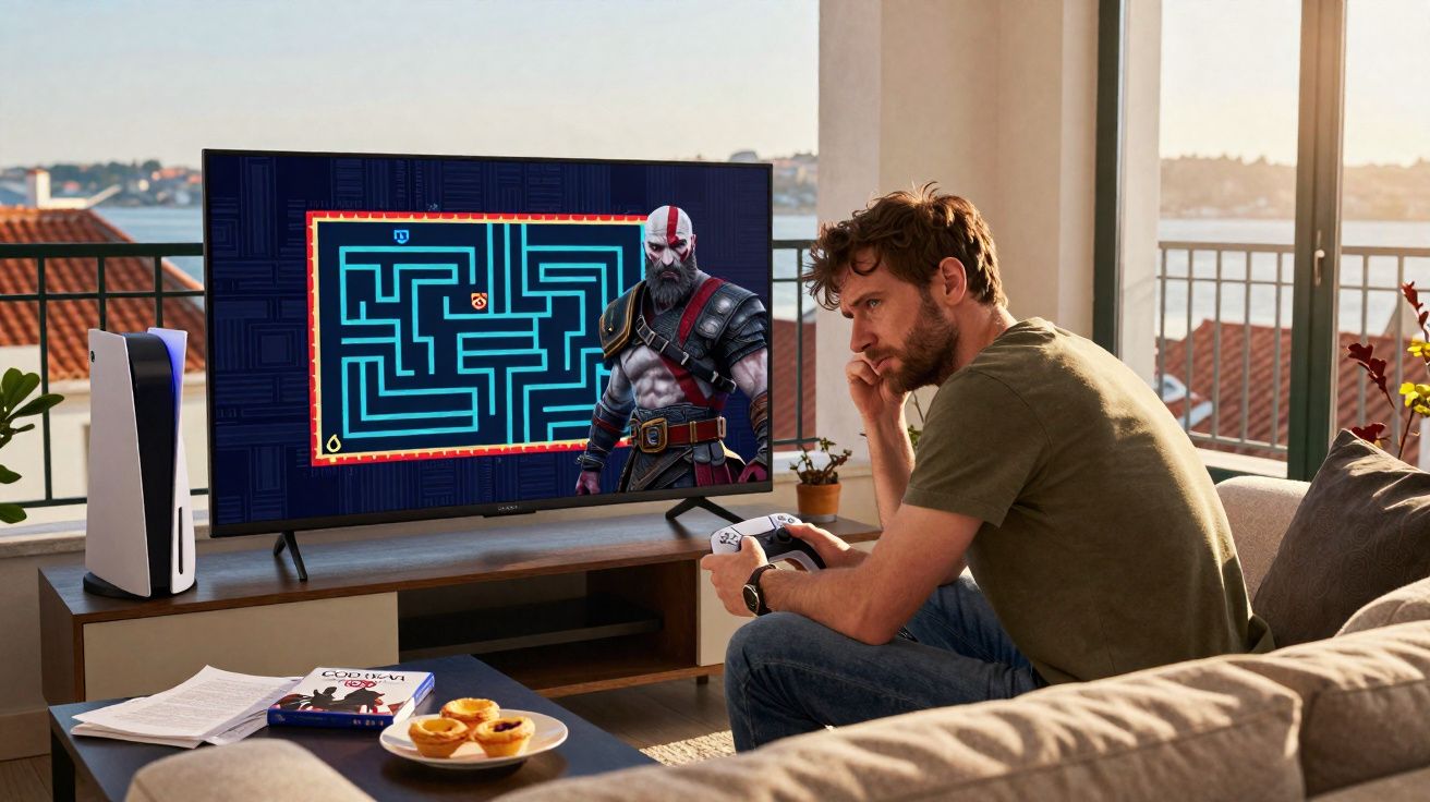 Homem sentado no sofá a jogar videojogo de labirinto no televisor numa sala com varanda e vista para água.