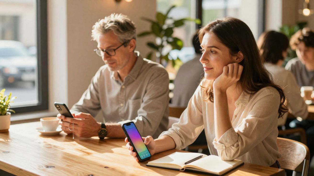 Mulher e homem sentados num café, cada um a usar o telemóvel, com caderno aberto à frente da mulher.